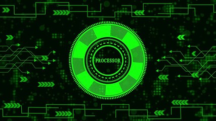 Futuristic green processor animation with glowing circuit board and digital world map background, representing advanced technology and data processing in a modern design. - Powered by Adobe