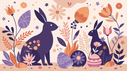 Whimsical easter illustration with rabbits floral elements and decorated eggs in a muted color palette beautiful design