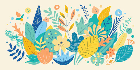 Whimsical floral arrangement with vibrant colors botanical illustration creative vector design garden foliage exotic plants colorful decorative background art design
