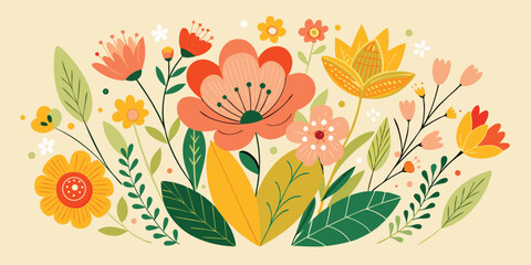 Whimsical floral illustration with pastel palette and decorative leaves featuring springtime blooms and earthy tones creating a cheerful botanical arrangement