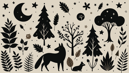 Whimsical forest illustration featuring trees moon stars fox and leaves in a simple graphic style perfect for backgrounds or surface design