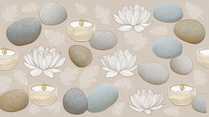 Spa stones lotus flower and candle seamless pattern with soft beige background and leaf outlines, creating calm and relaxing atmosphere for wellness and meditation