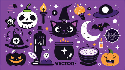 Whimsical halloween elements vector illustration purple background skull cat witch hats cauldrons pumpkins bat moon stars