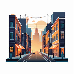 Obraz premium Cityscape at Sunset: Warm-toned Buildings and Snowy Street