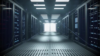 The camera slowly moves across the server room, revealing bright data lines that stretch from wall to wall and between rows of server blocks. 3D Render Animation. - Powered by Adobe