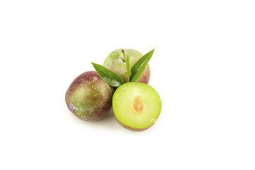 Fresh Sichuan Phoenix Plums with Leaves - May Seasonal Fruit on White Background