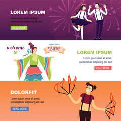 street music festival characters. street urban music band performing festival, showtime, dance and singing. vector cartoon horizontal flat banners.