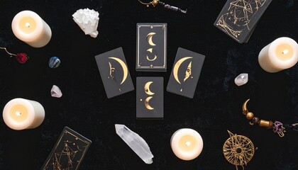 Dreamy esoteric visuals with celestial objects &ndash; moon phases, stars, constellations, tarot cards, and crystals. Candlelight and mist create a spiritual, mystical setting. Perfect for astrology, ritual