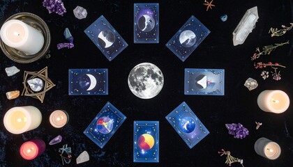 Dreamy esoteric visuals with celestial objects &ndash; moon phases, stars, constellations, tarot cards, and crystals. Candlelight and mist create a spiritual, mystical setting. Perfect for astrology, ritual