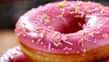 delicious donuts with pink icing sugar and sprinkles close up