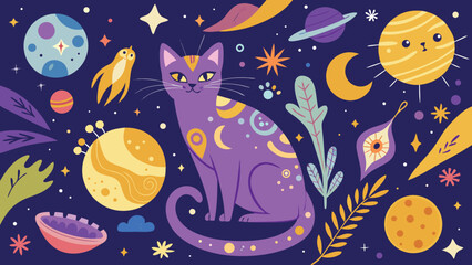 Whimsical purple cat among planets and stars decorative vector illustration celestial art mystical feline design creative space theme cosmic cat artwork