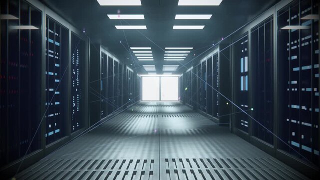 The camera slowly moves across the server room, revealing bright data lines that stretch from wall to wall and between rows of server blocks. 3D Render Animation.