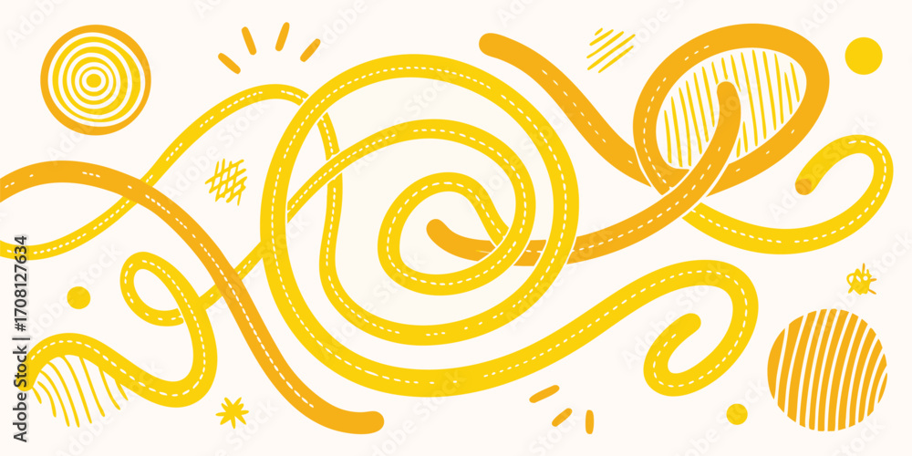 Poster whimsical yellow roads with dotted lines and abstract shapes on white background creates playful and
