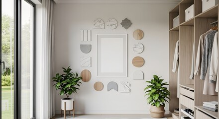 Modern dressing room interior design with empty frame and decoration on the wall