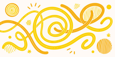 Whimsical yellow roads with dotted lines and abstract shapes on white background creates playful and energetic design element for various creative projects