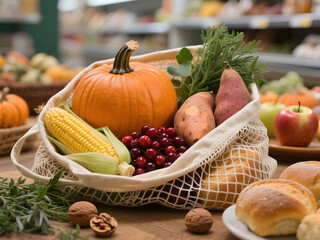 Fresh fall produce in eco bag with pumpkin, sweet potatoes, corn, and cranberries for Thanksgiving...