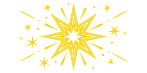 Yellow starburst design with radiating lines and smaller star elements on white background vector illustration suitable for celebration graphics