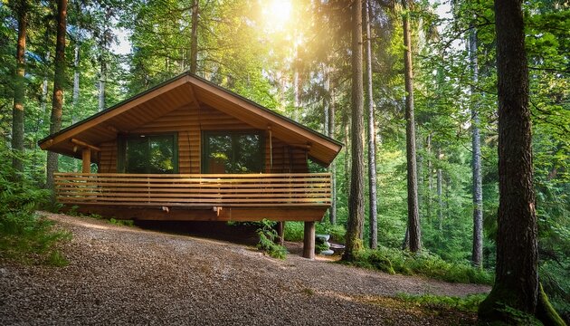 cozy wooden cabin in serene forest with lush green trees