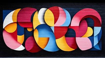 Abstract mural with vibrant, layered shapes.  Bold colors on dark background.  Geometric design