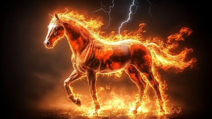 Majestic Fiery Horse Galloping Through Stormy Skies, Radiating Power and Mystical Energy in Art