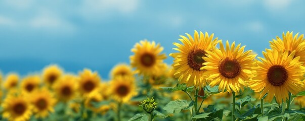 Sunflowers, JAPAN. Field of blooming sunflowers on a background blue sky. MZ 