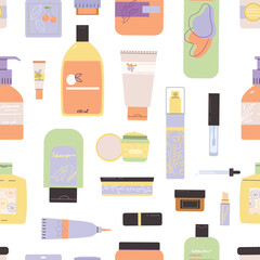 cosmetics tubes pattern. cartoon hair and skin care devices, combs hairbrushes bottles, hairstylist concept. vector cartoon flat seamless pattern.