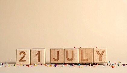 Wooden Blocks with Date 21 July. Calendar for birthday or anniversary on solid colored background with confetti