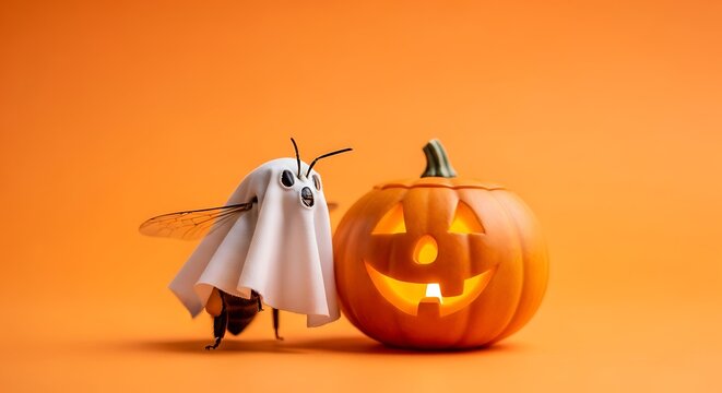 A playful bee, dressed in a ghost costume, stands beside a cheerful jack-o'-lantern against a vibrant orange background.