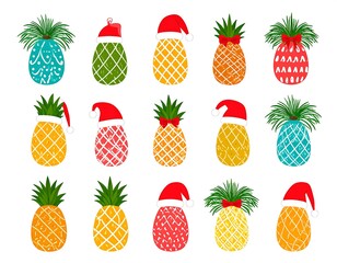 Colorful pineapples with Christmas hats