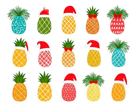 Colorful pineapples with Christmas hats