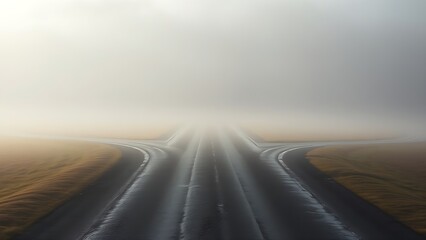 An abstract crossroads with two diverging paths in a misty morning, creating a sense of choice.