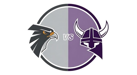 A graphic logo for a sports matchup, featuring a fierce hawk versus a purple Viking helmet mascot.