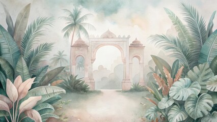 Exotic paradise archway surrounded by lush tropical greenery and pastel flowers