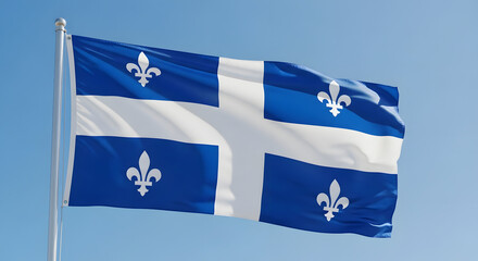 Fototapeta premium Quebec flag waving in the wind against a clear blue sky background