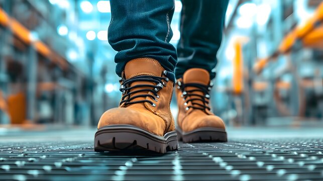 Close-up of rugged work boots on a textured floor in an industrial setting, showcasing durability and style