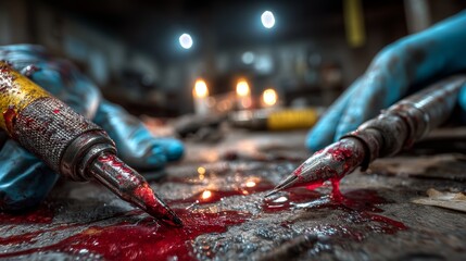Forensic analysis of tools with traces of blood in a dimly lit room