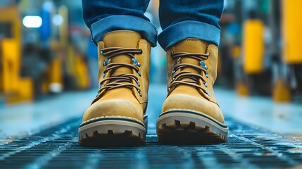 Close-up of sturdy work boots worn by a person standing on a factory floor with machinery in the background