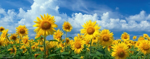 Sunflowers, JAPAN. Field of blooming sunflowers on a background blue sky. MZ 