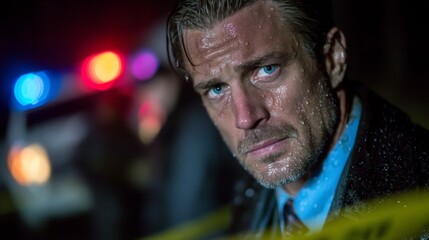 Fototapeta premium Detective Investigating a Scene at Night Under Rain with Police Lights