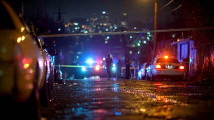 Police investigate crime scene with tape under dramatic night lights