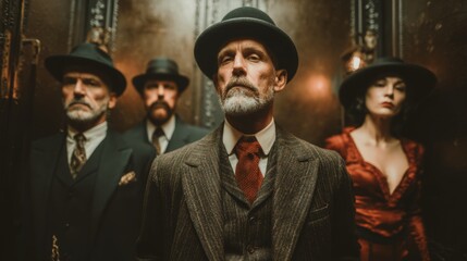 Obraz premium Group of individuals in stylish vintage clothing with serious expressions in low light