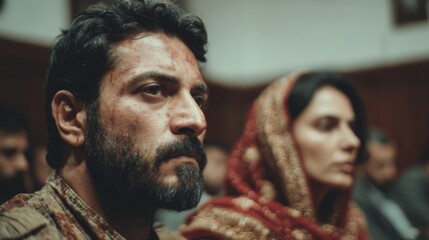 Profile view of indian people at a serious event in traditional indian attire, crime scene, court.