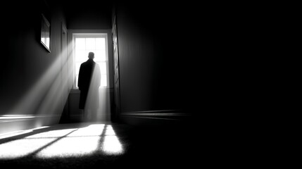 Silhouette of a person standing ominously in a softly lit hallway