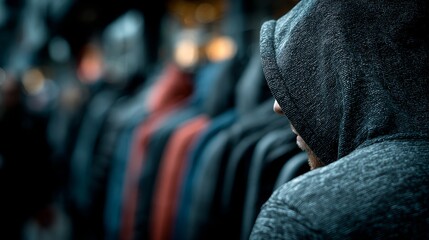 Person in hooded sweater standing near a row of hanging jackets