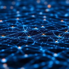 Abstract network of glowing points and lines.  Deep blue background.  Complex interconnections