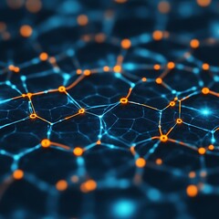Abstract network of glowing points and lines.  Deep blue background with orange highlights