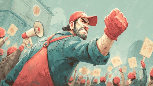 Illustration of workers union protest with a determined leader in the foreground