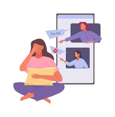 social cyber bullying. stress abuse depression and shame, sad girl abused in internet dislike and mockery. vector cartoon flat concept illustration.