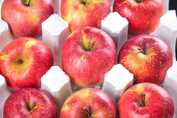 Fresh Red Apples in White Foam Packaging for Market Display and Storage