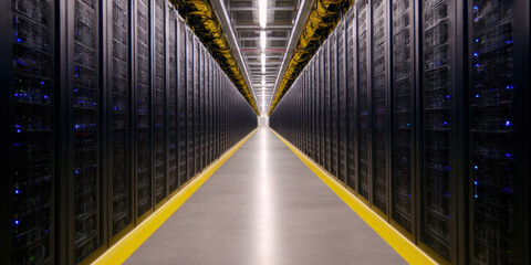  long corridor lined with server racks, illuminated with blue lights, showcasing a modern data center environment.